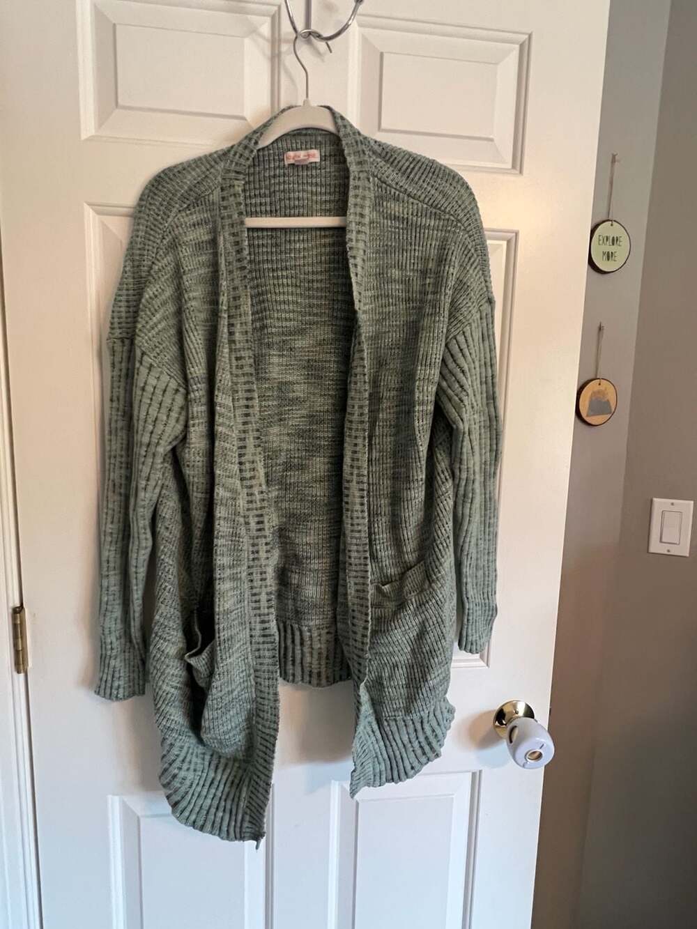 Knox Rose Green Heathered Ribbed Open Front Cardigan with Pockets‎